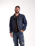 Chaqueta Masculina | Denim Azul Oscuro Botones Bronce Verdoso y Placa en el Bolsillo Izquierdo