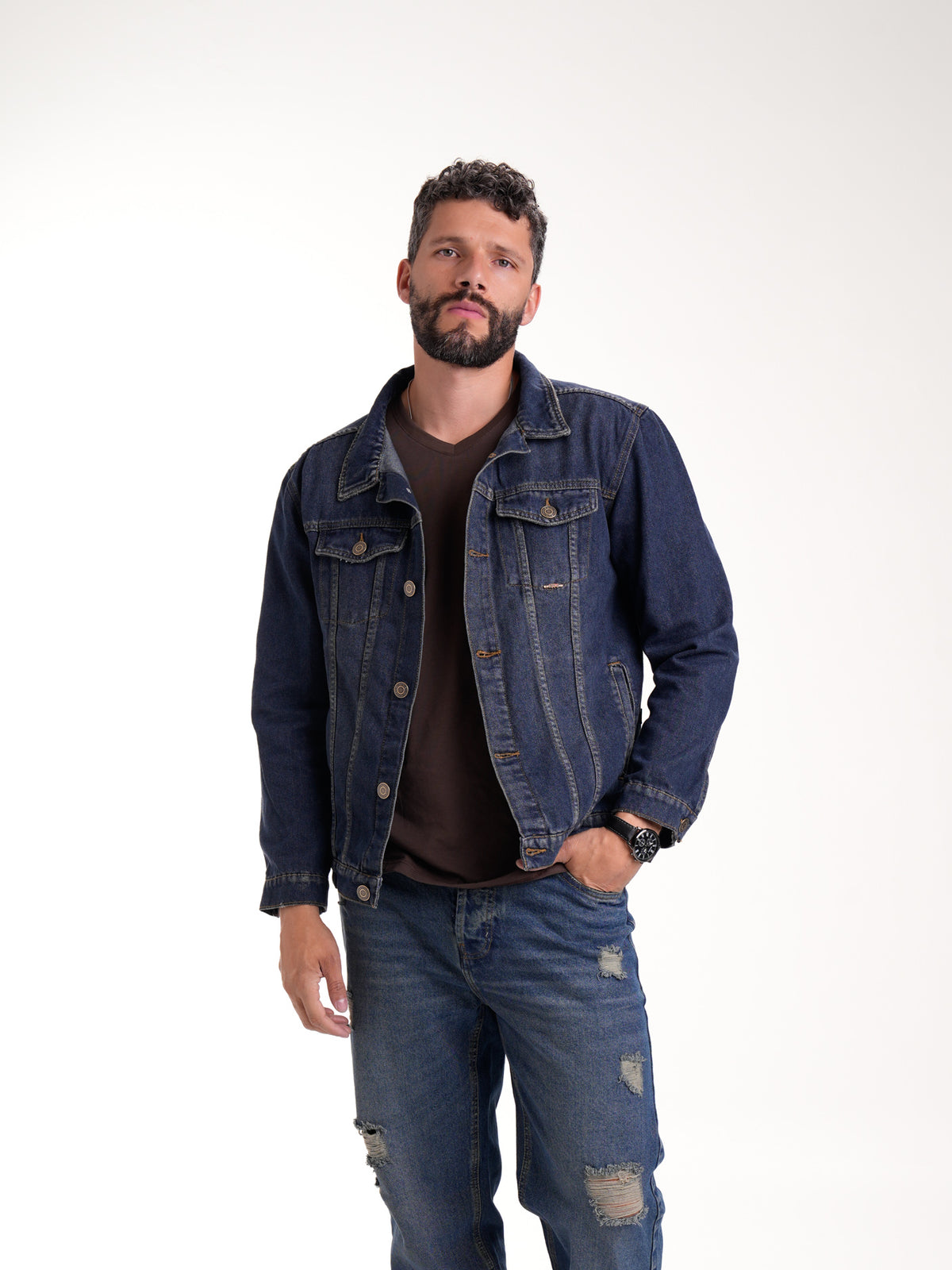 Chaqueta Masculina | Denim Azul Oscuro Botones Bronce Verdoso y Placa en el Bolsillo Izquierdo