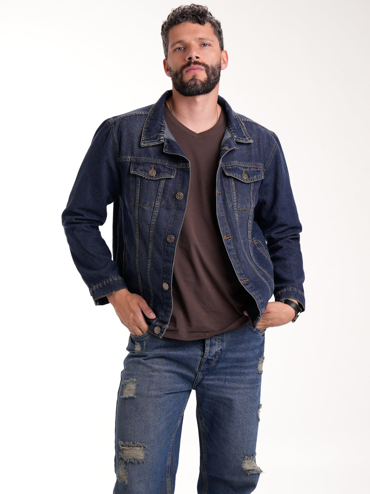 Chaqueta Masculina | Denim Azul Oscuro Botones Bronce Verdoso y Placa en el Bolsillo Izquierdo