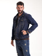 Chaqueta Masculina | Denim Azul Oscuro Botones Bronce Verdoso y Placa en el Bolsillo Izquierdo
