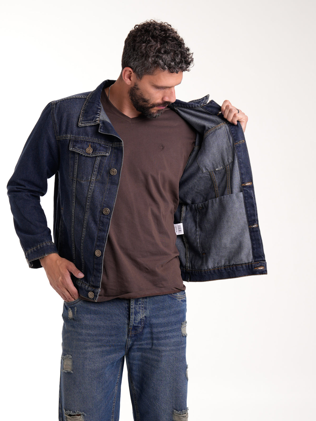 Chaqueta Masculina | Denim Azul Oscuro Botones Bronce Verdoso y Placa en el Bolsillo Izquierdo