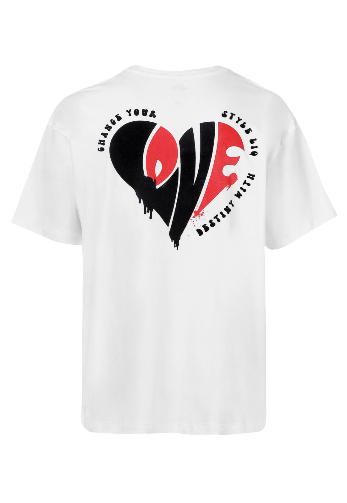 Camiseta de hombre: color blanco con estampado de corazón formando la palabra "LOVE" con letras en negro terciopelo y rojo.