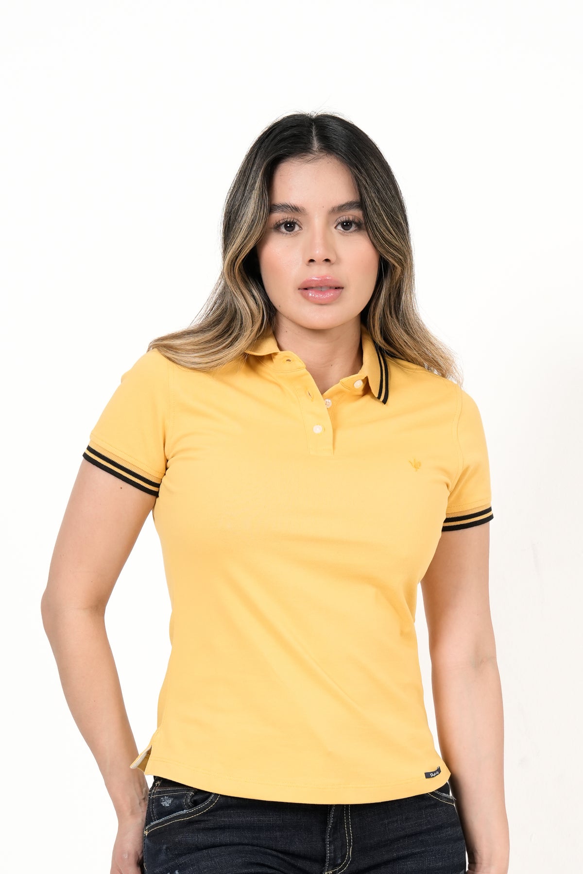 Polo Femenino Manga Corta | Algodón Premium Amarillo con Ribete Negro