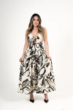 Vestido Femenino Midi | Algodón Premium Estampado Floral Blanco y Negro