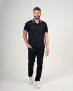 Polo Masculino Manga Corta | Algodón Premium Negro con Ribete Blanco