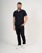 Polo Masculino Manga Corta | Algodón Premium Negro con Ribete Blanco