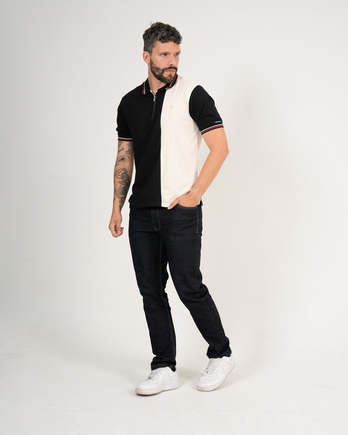 Polo Masculino Manga Corta | Algodón Premium Color Block Negro y Blanco