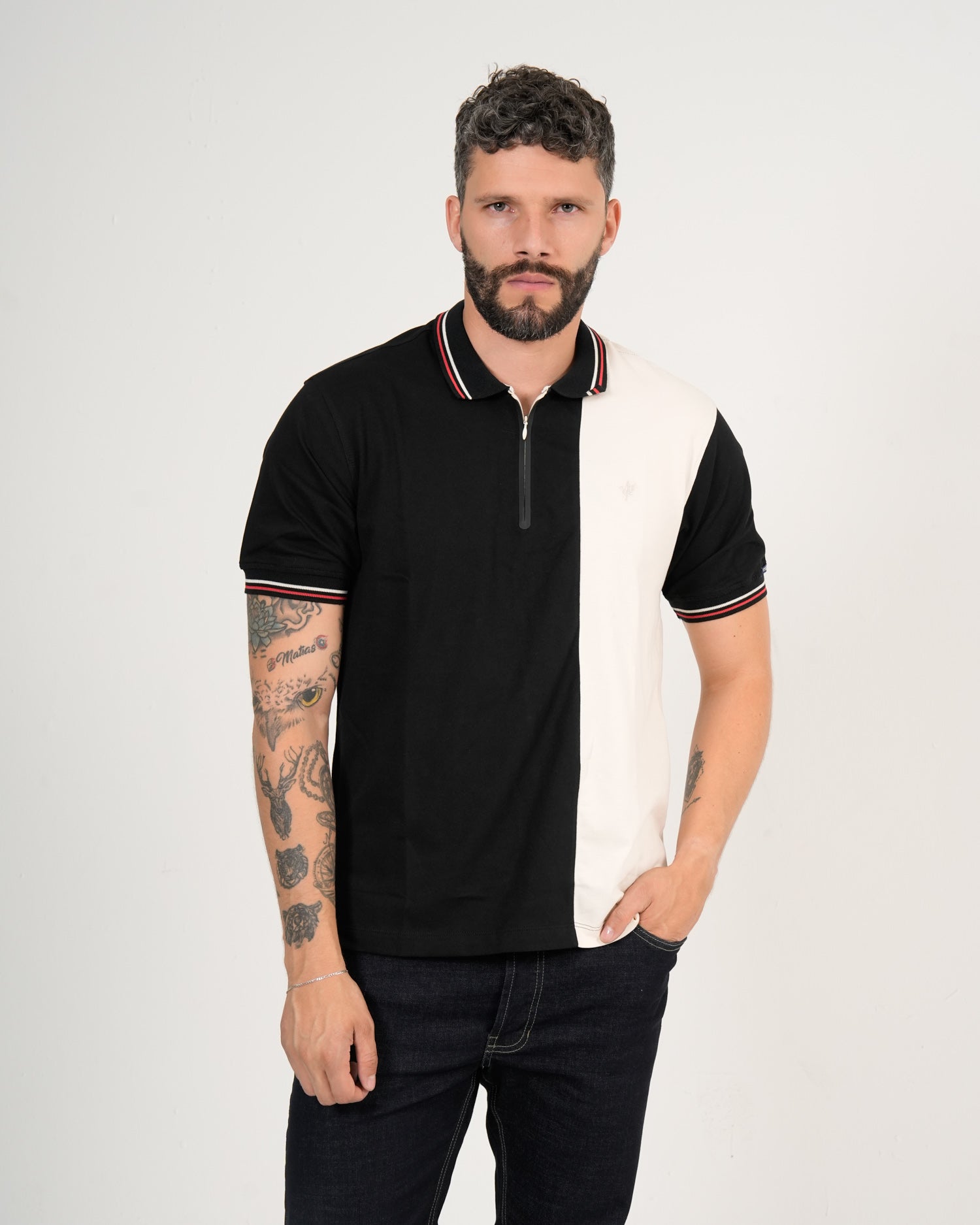 Polo Masculino Manga Corta | Algodón Premium Color Block Negro y Blanco