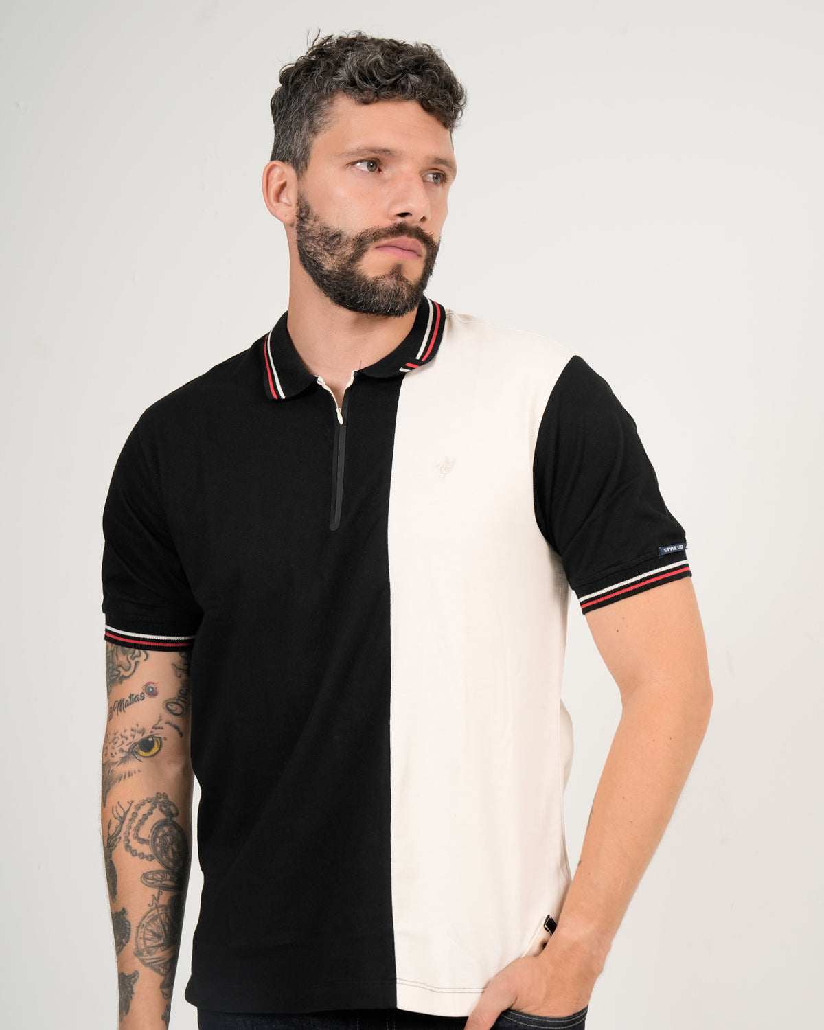 Polo Masculino Manga Corta | Algodón Premium Color Block Negro y Blanco