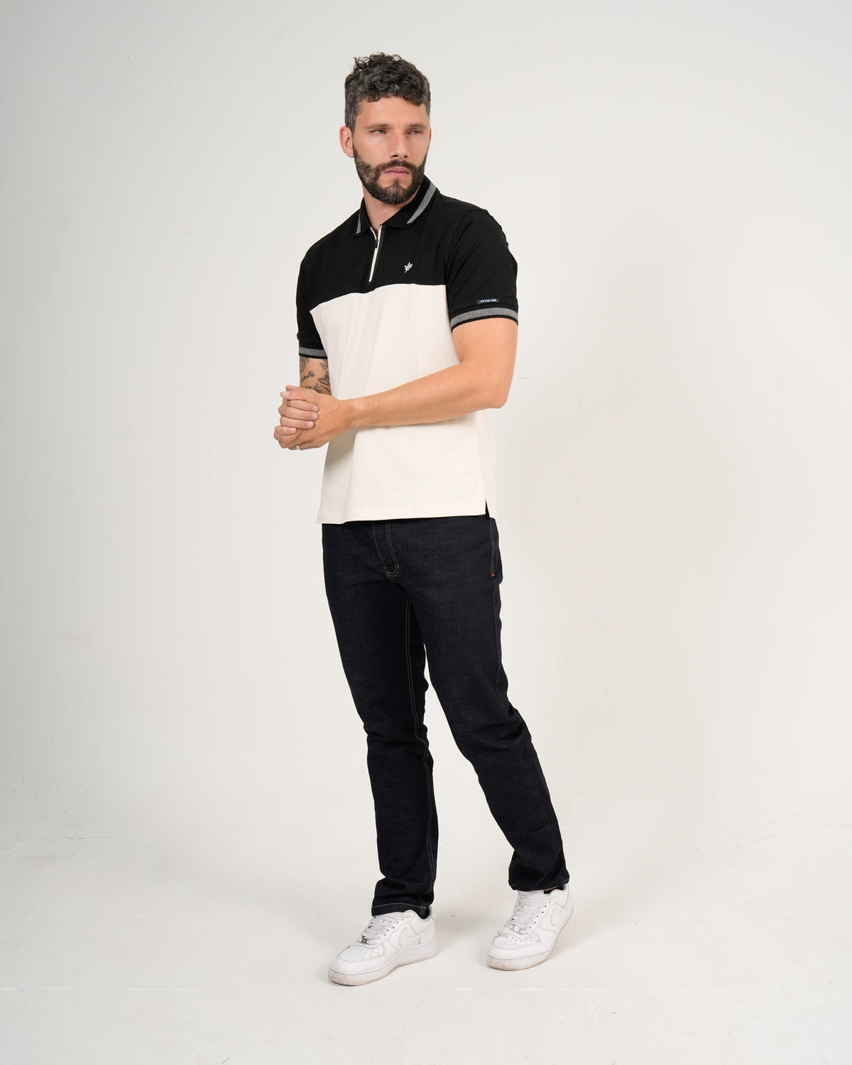 Polo Masculino Manga Corta | Algodón Premium Color Block Negro Blanco y Gris