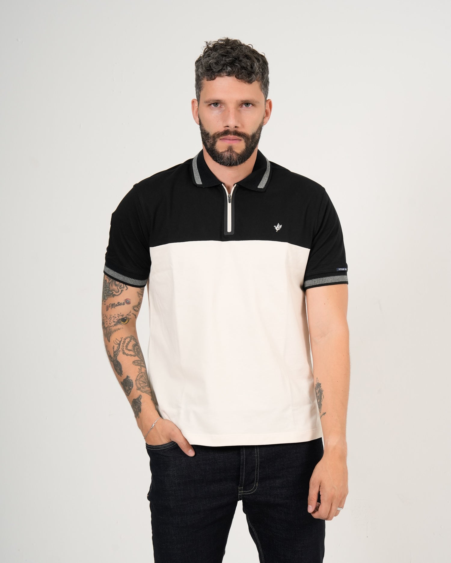 Polo Masculino Manga Corta | Algodón Premium Color Block Negro Blanco y Gris