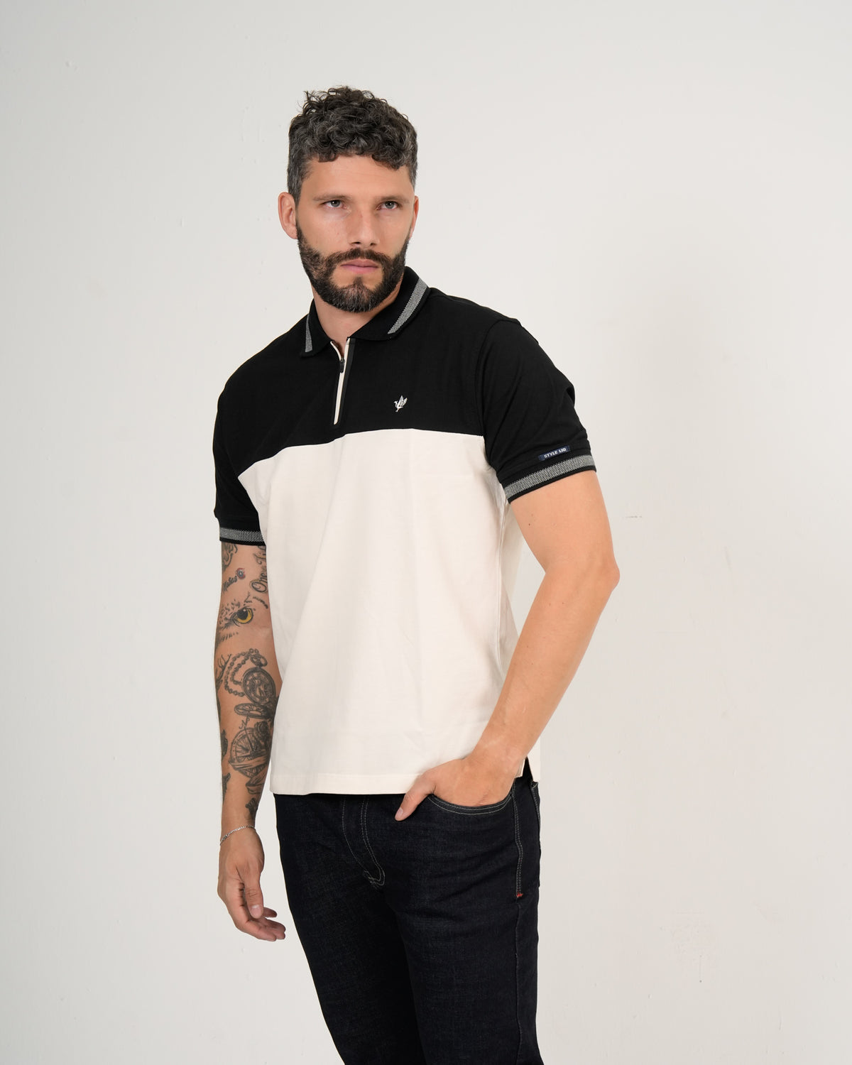 Polo Masculino Manga Corta | Algodón Premium Color Block Negro Blanco y Gris