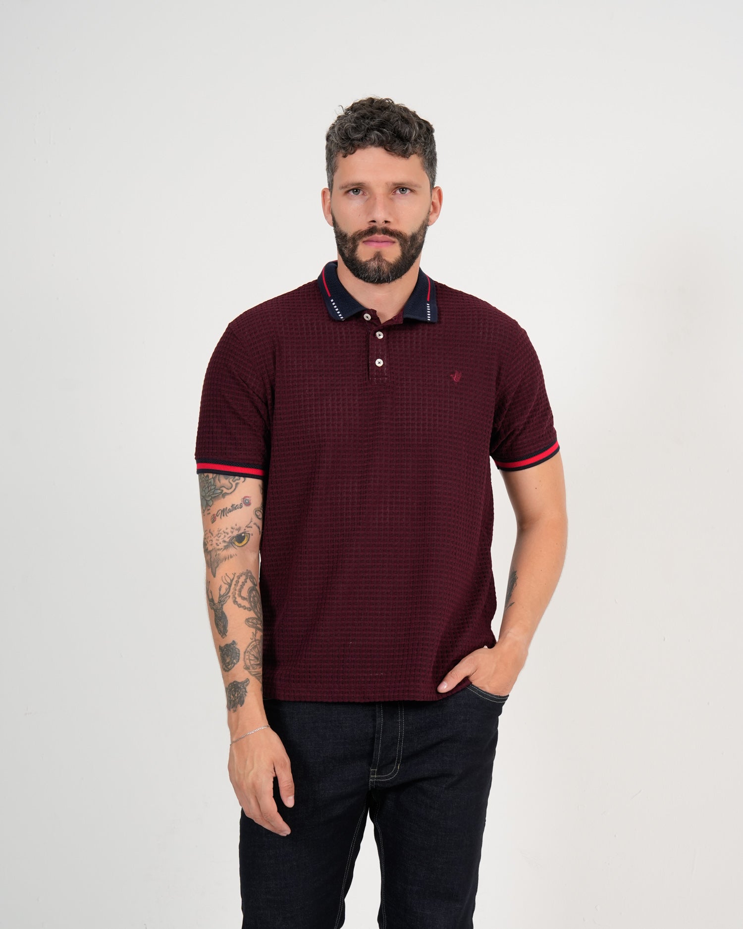 Polo Masculino Manga Corta | Algodón Premium Burdeos Textured con Ribete