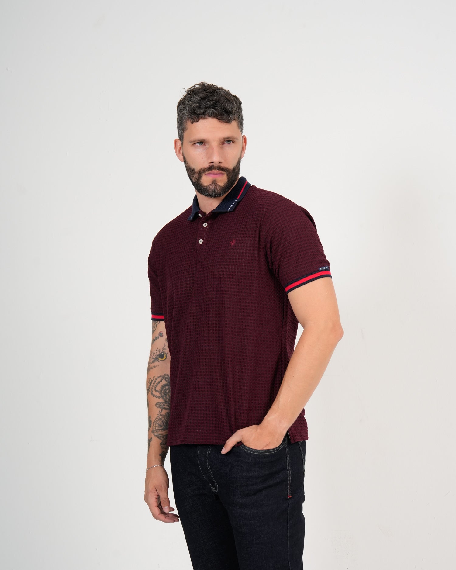 Polo Masculino Manga Corta | Algodón Premium Burdeos Textured con Ribete