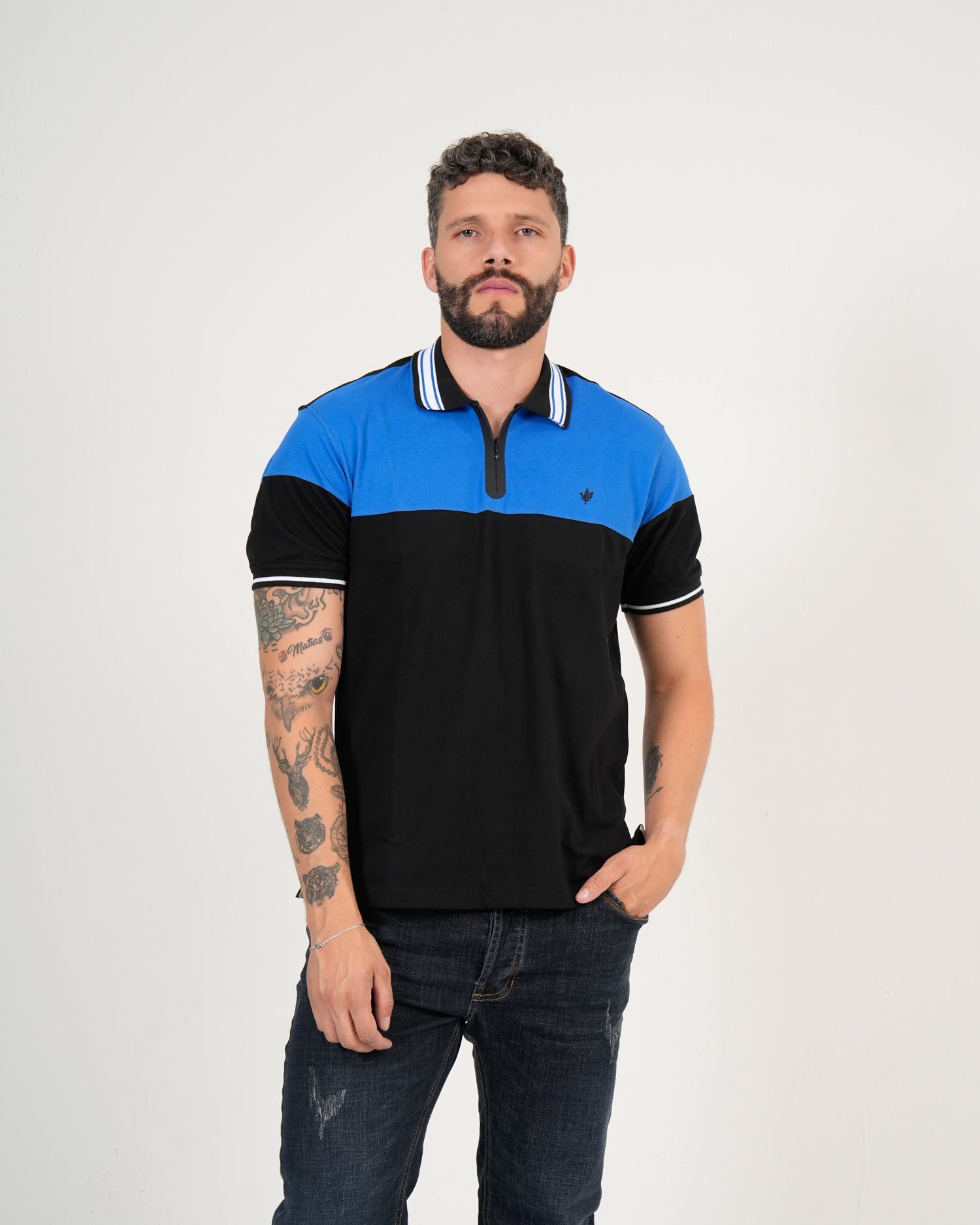 Polo Masculino Manga Corta | Algodón Premium Color Block Azul Royal y Negro