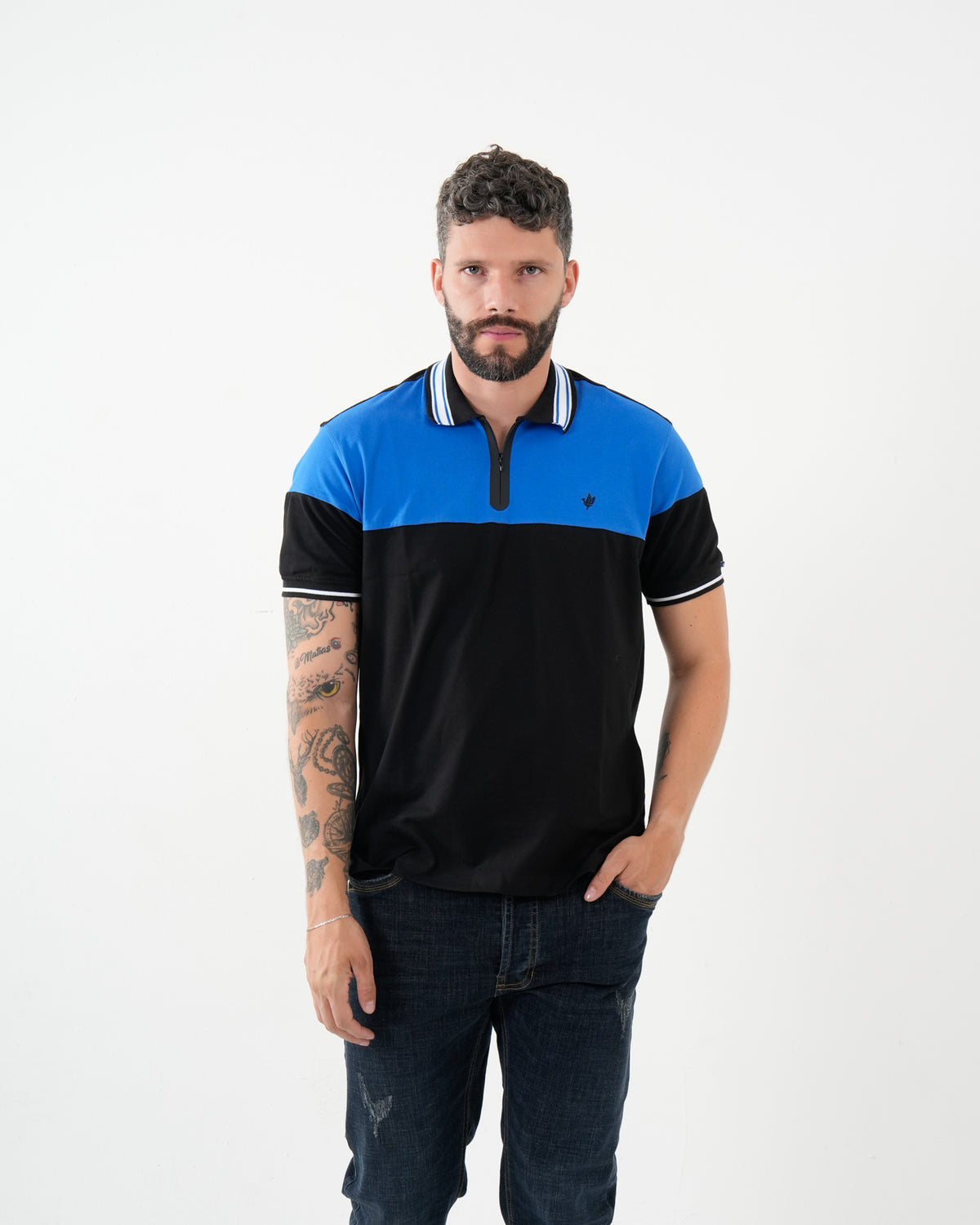 Polo Masculino Manga Corta | Algodón Premium Color Block Azul Royal y Negro