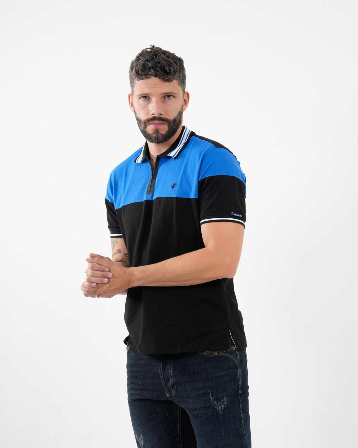 Polo Masculino Manga Corta | Algodón Premium Color Block Azul Royal y Negro