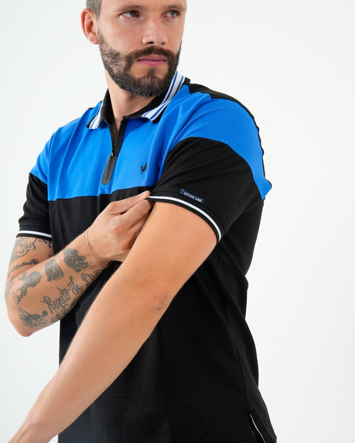 Polo Masculino Manga Corta | Algodón Premium Color Block Azul Royal y Negro