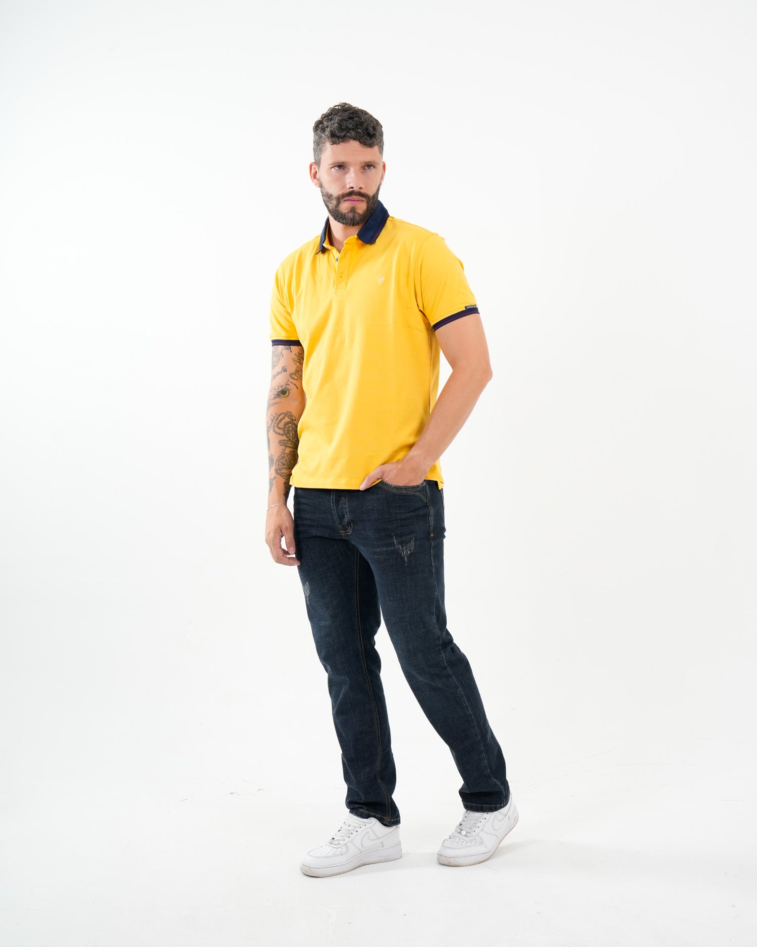 Polo Masculino Manga Corta | Algodón Premium Amarillo con Cuello Marino