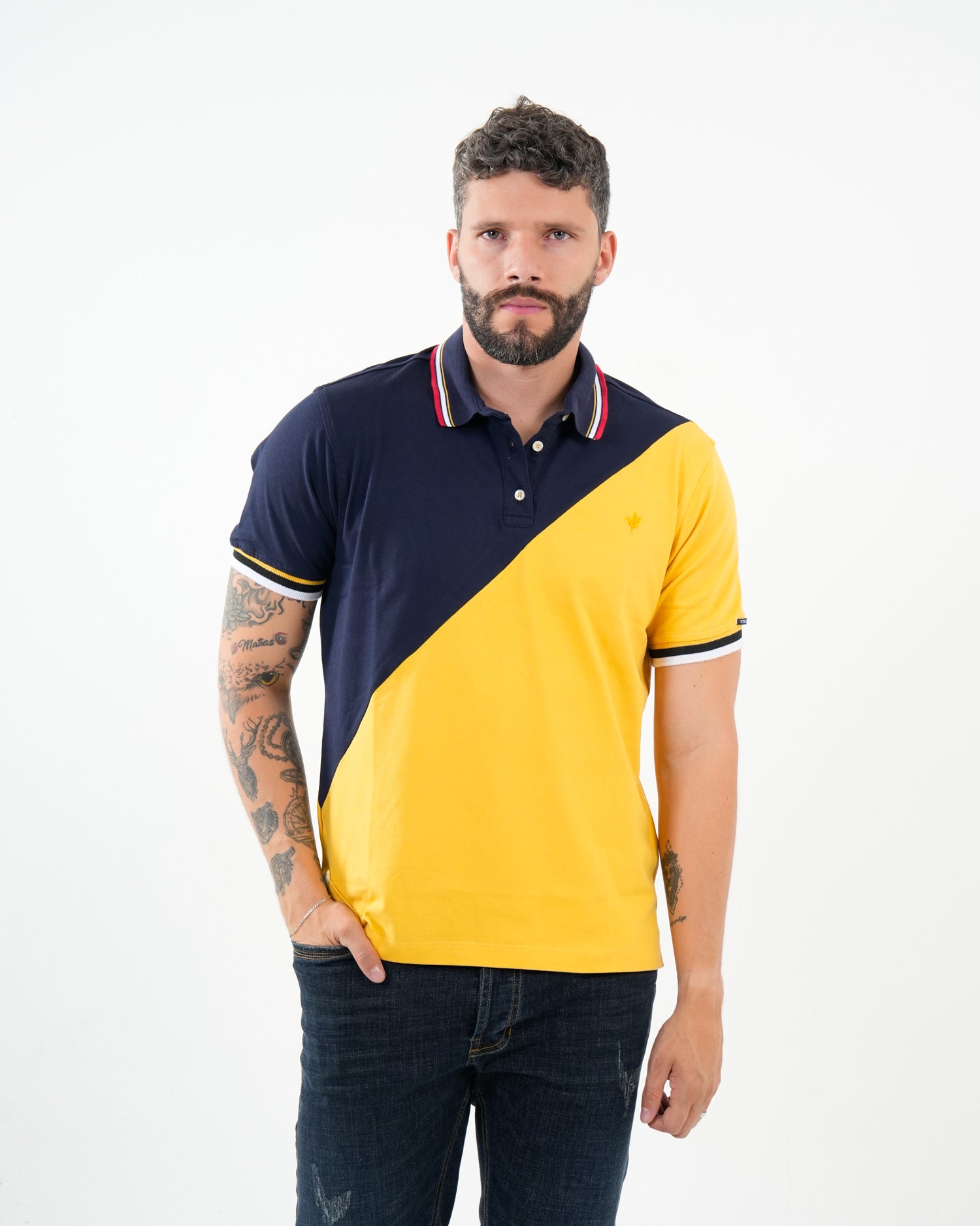 Polo Masculino Manga Corta | Algodón Premium Color Block Amarillo y Marino