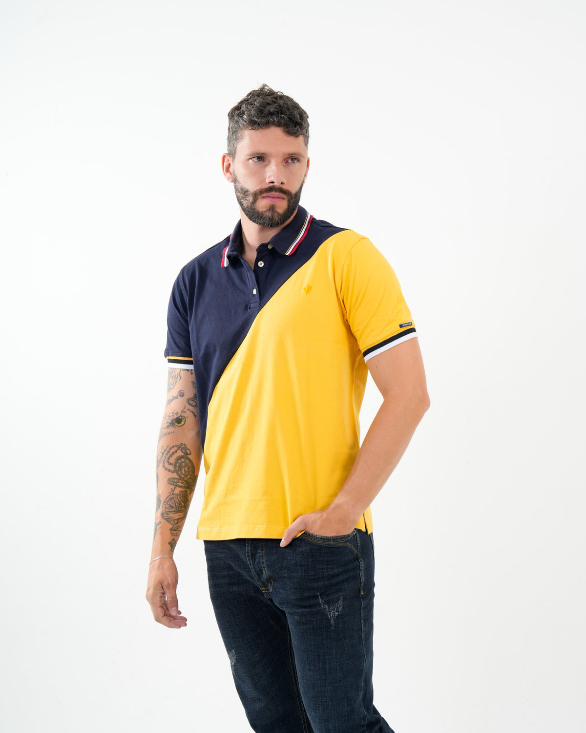 Polo Masculino Manga Corta | Algodón Premium Color Block Amarillo y Marino