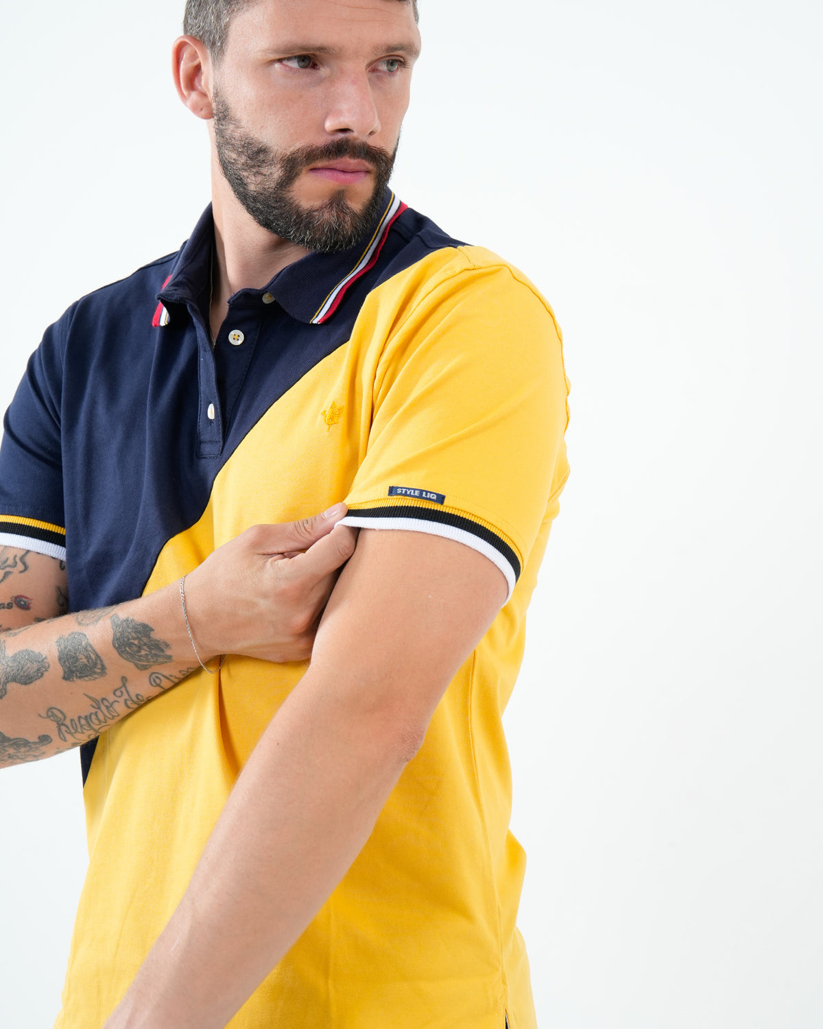 Polo Masculino Manga Corta | Algodón Premium Color Block Amarillo y Marino