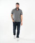 Polo Masculino Manga Corta | Algodón Premium Gris Melange con Ribete Marino