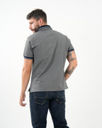 Polo Masculino Manga Corta | Algodón Premium Gris Melange con Ribete Marino