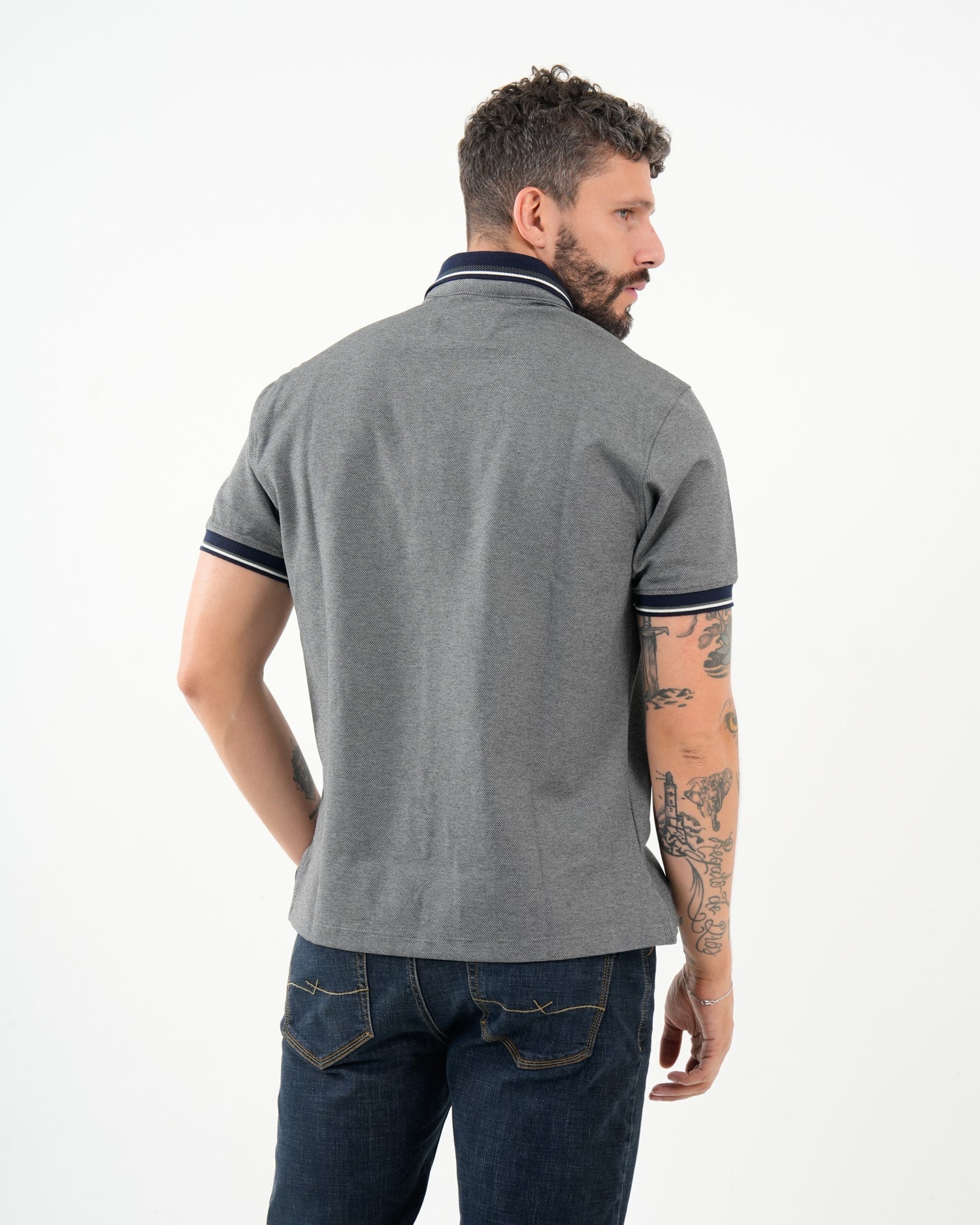 Polo Masculino Manga Corta | Algodón Premium Gris Melange con Ribete Marino