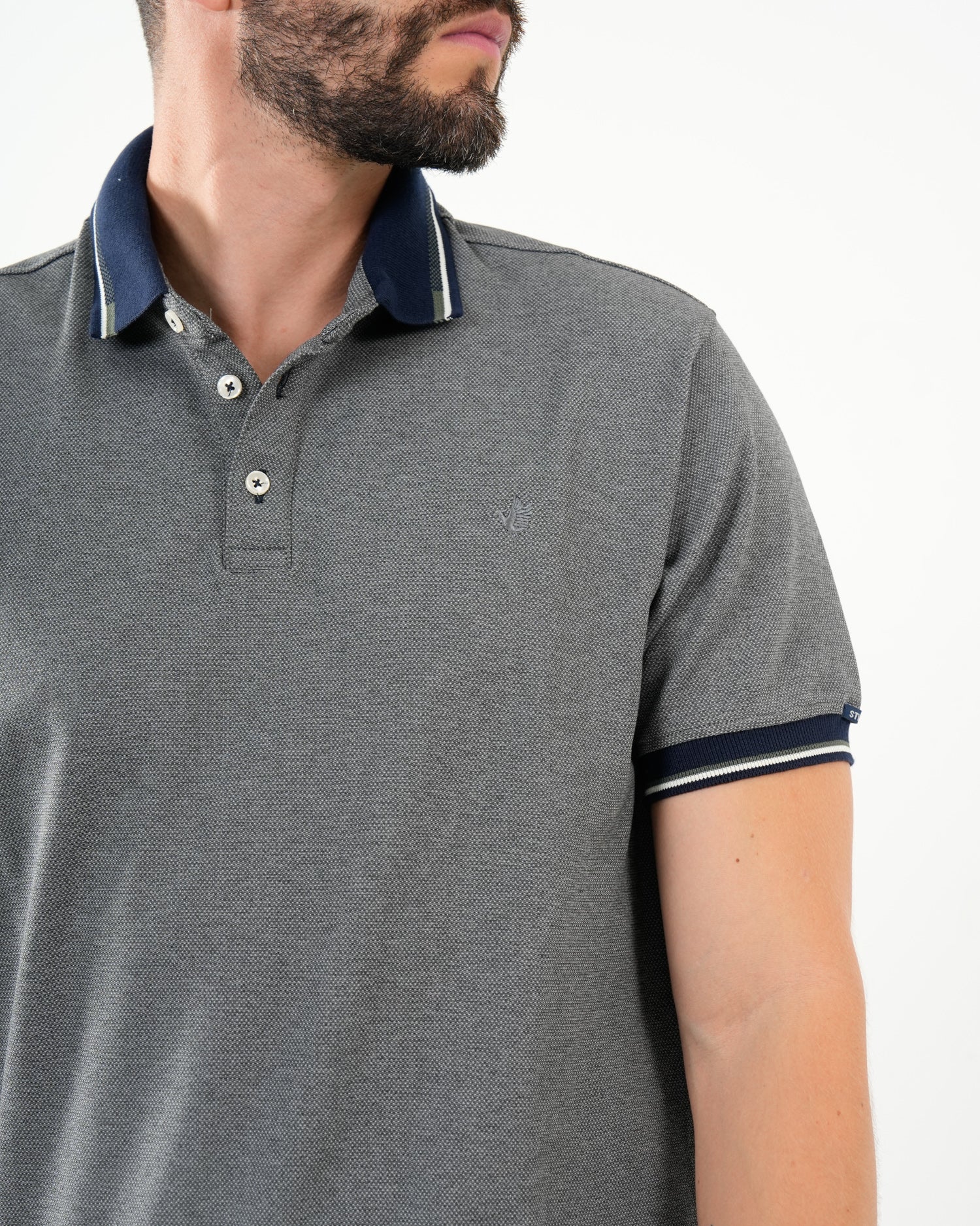 Polo Masculino Manga Corta | Algodón Premium Gris Melange con Ribete Marino