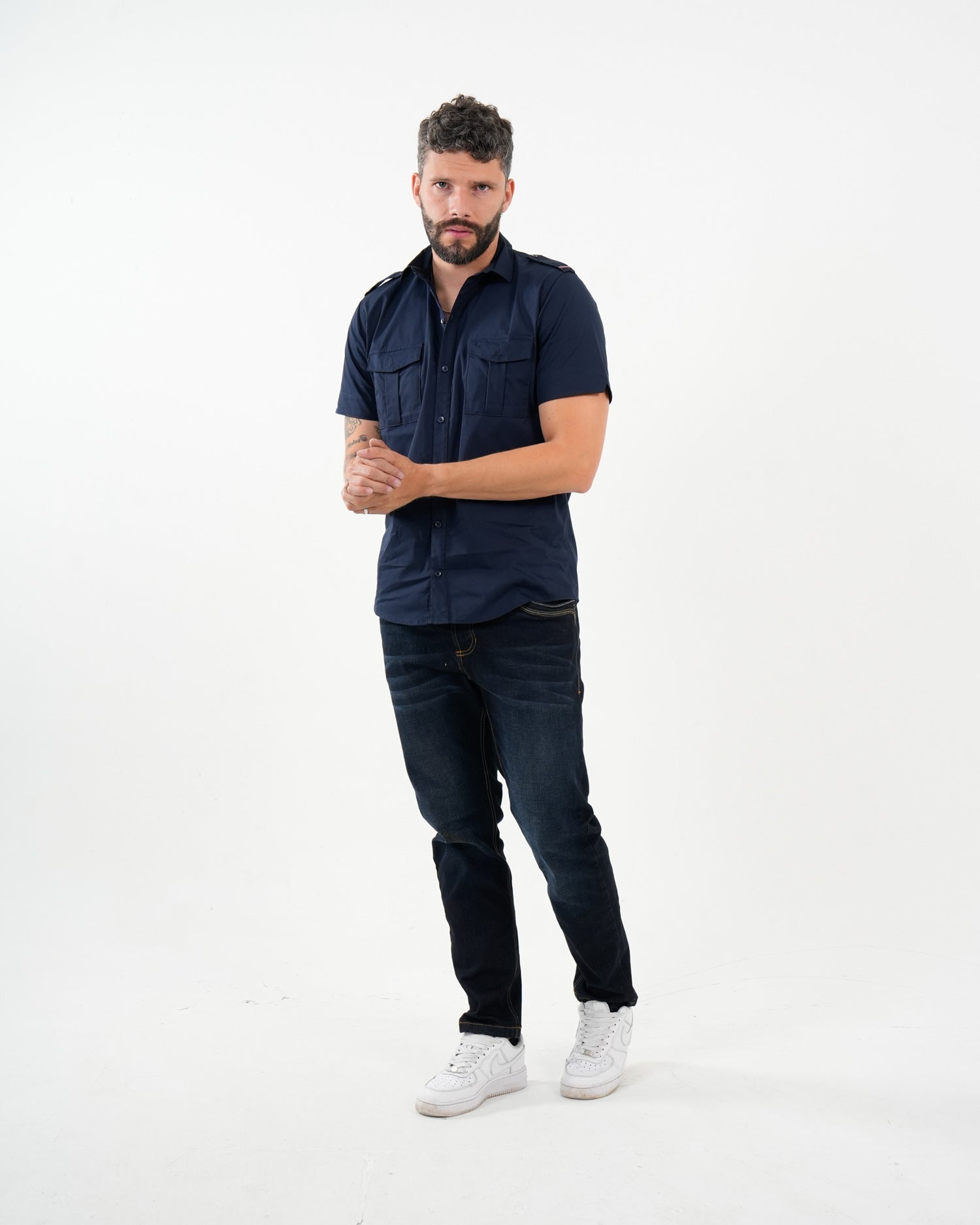 Camisa Masculina Manga Corta | Algodón Premium Azul Marino con Bolsillos