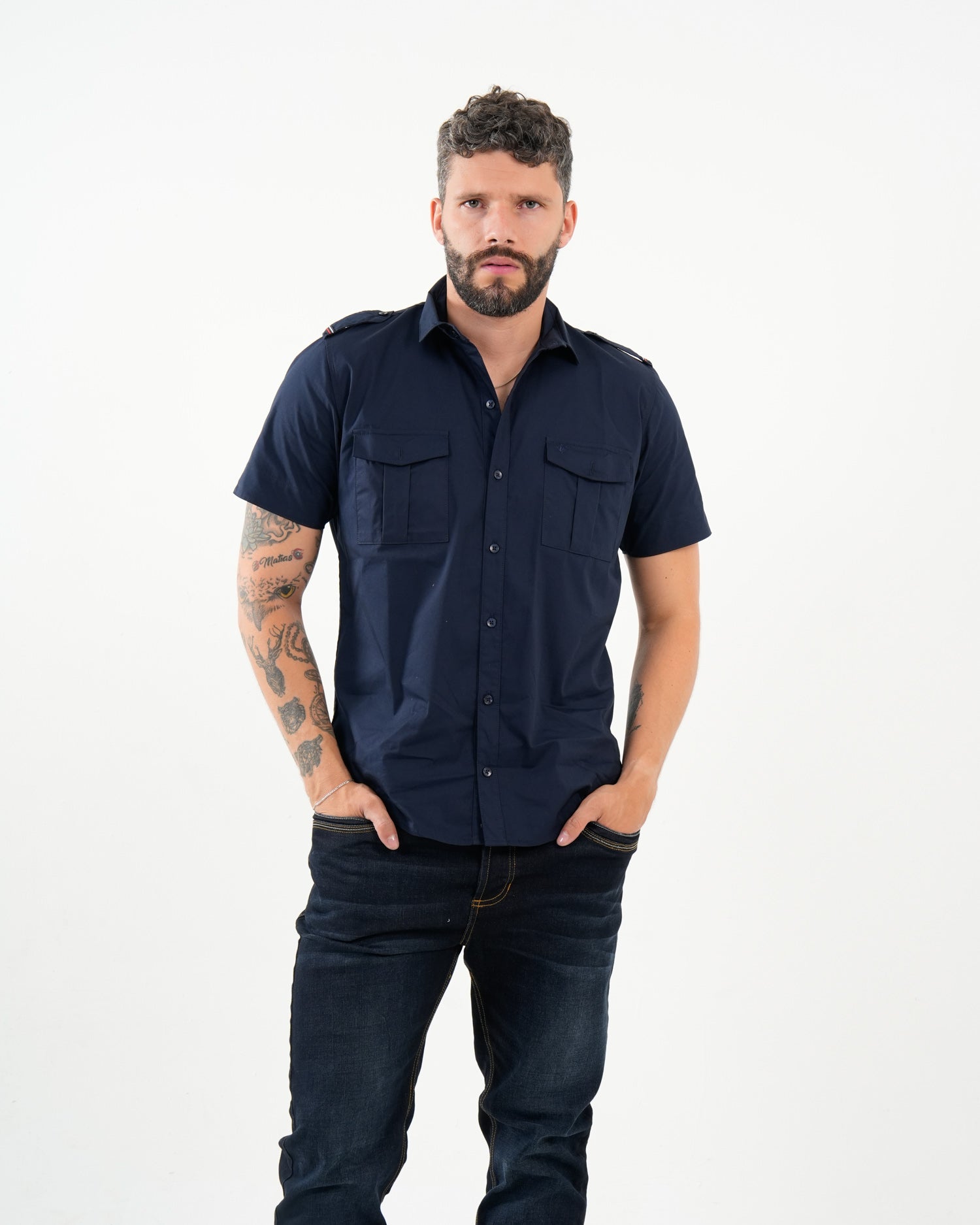 Camisa Masculina Manga Corta | Algodón Premium Azul Marino con Bolsillos