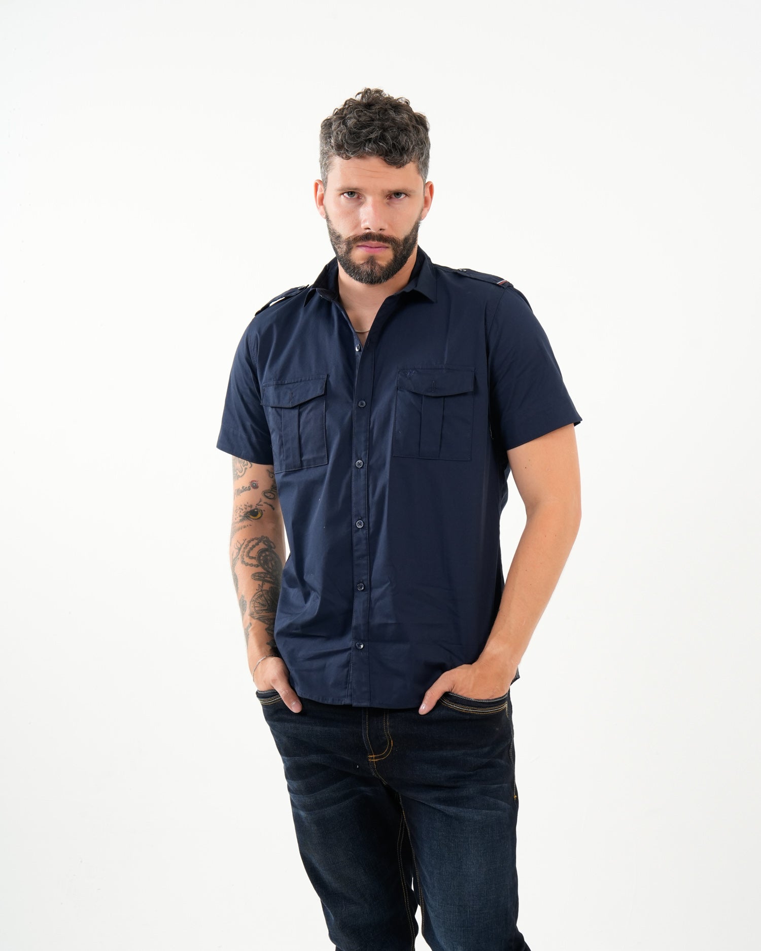 Camisa Masculina Manga Corta | Algodón Premium Azul Marino con Bolsillos