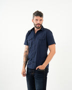 Camisa Masculina Manga Corta | Algodón Premium Azul Marino con Bolsillos