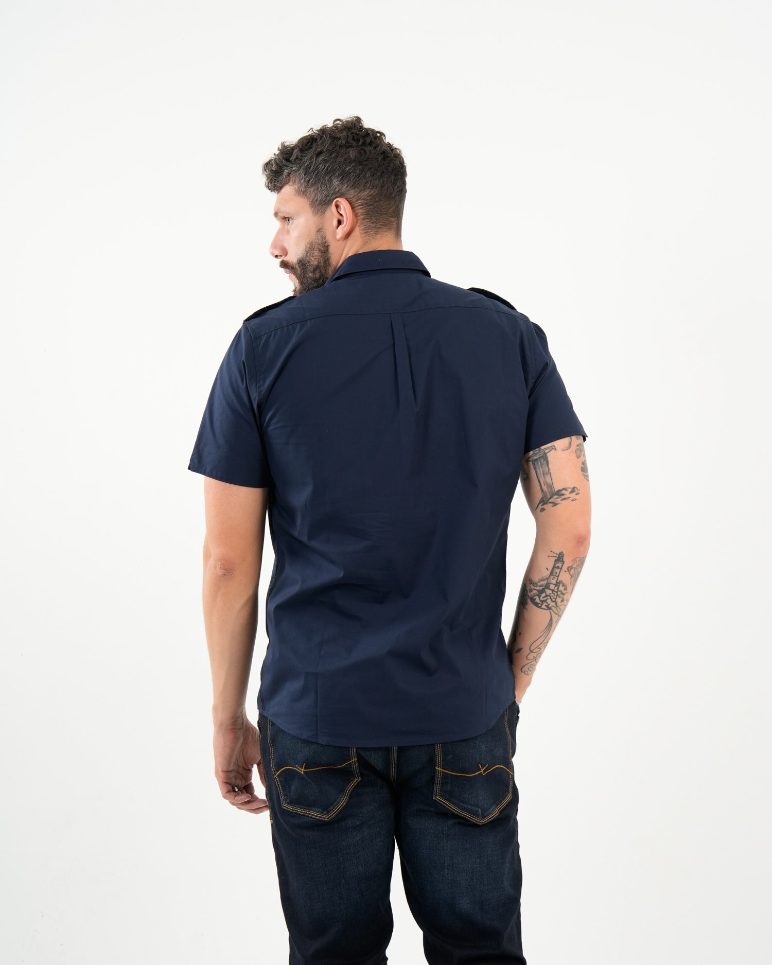 Camisa Masculina Manga Corta | Algodón Premium Azul Marino con Bolsillos