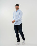 Camisa Masculina Manga Larga | Algodón Premium Azul Claro a Rayas