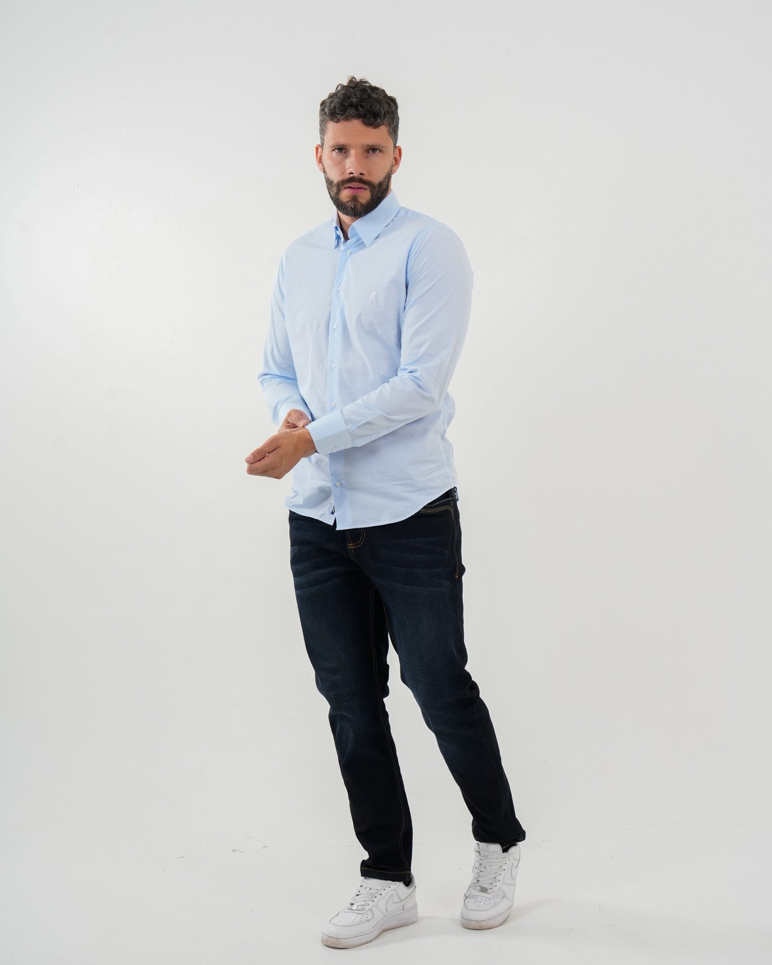 Camisa Masculina Manga Larga | Algodón Premium Azul Claro a Rayas