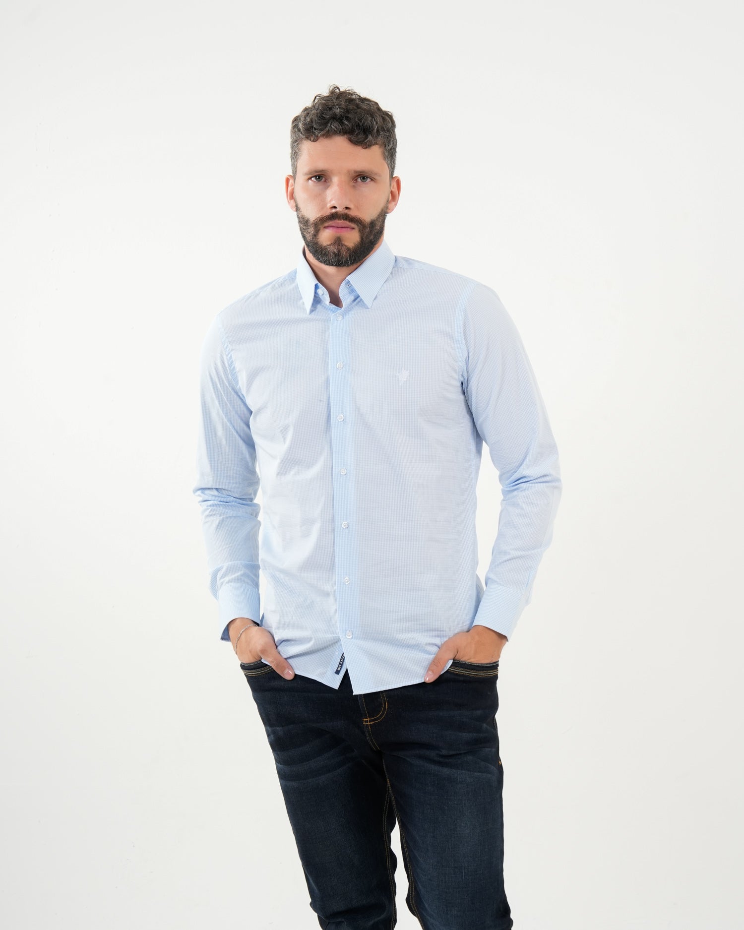 Camisa Masculina Manga Larga | Algodón Premium Azul Claro a Rayas