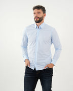 Camisa Masculina Manga Larga | Algodón Premium Azul Claro a Rayas