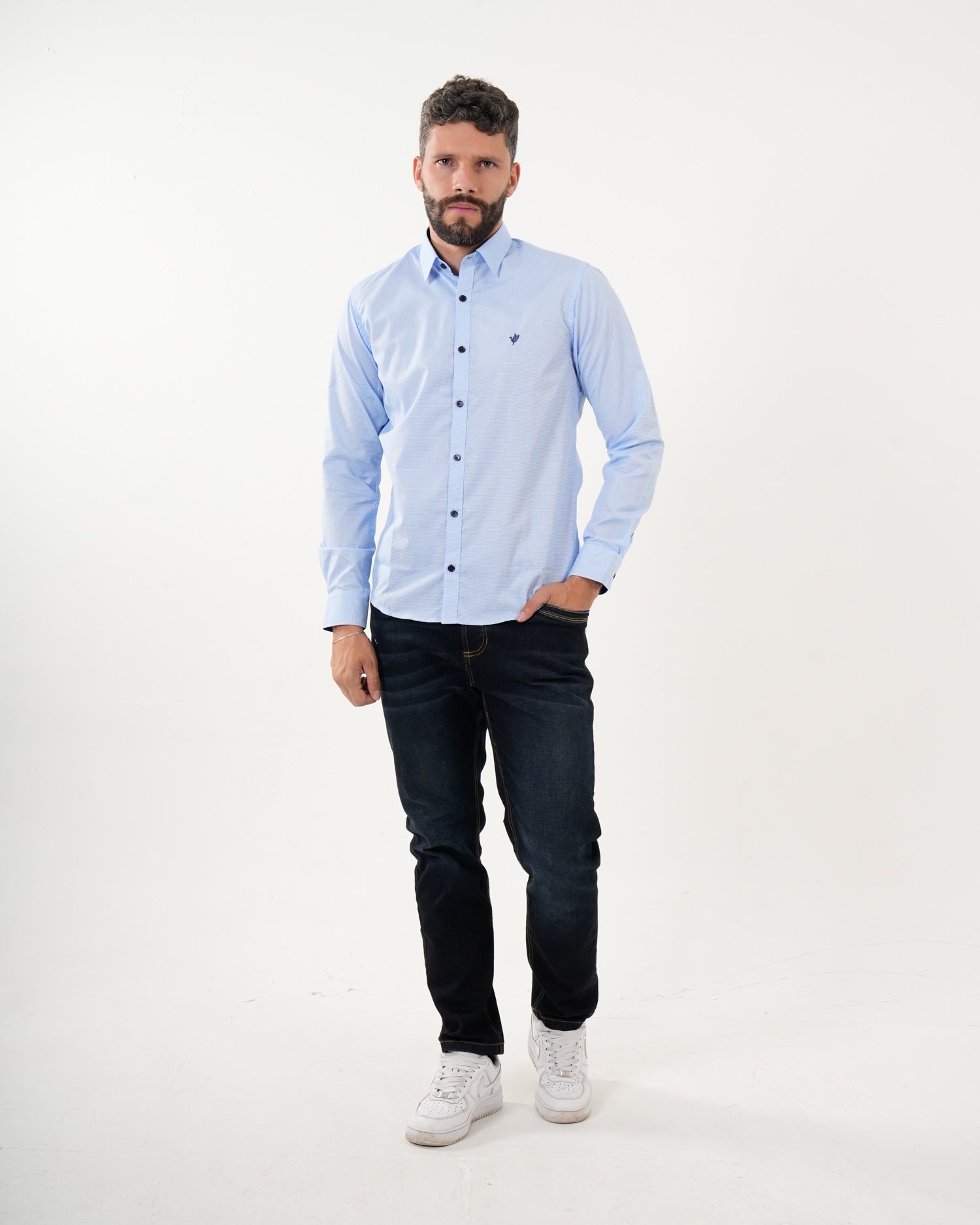 Camisa Masculina Manga Larga | Algodón Premium Azul Claro Texturizado