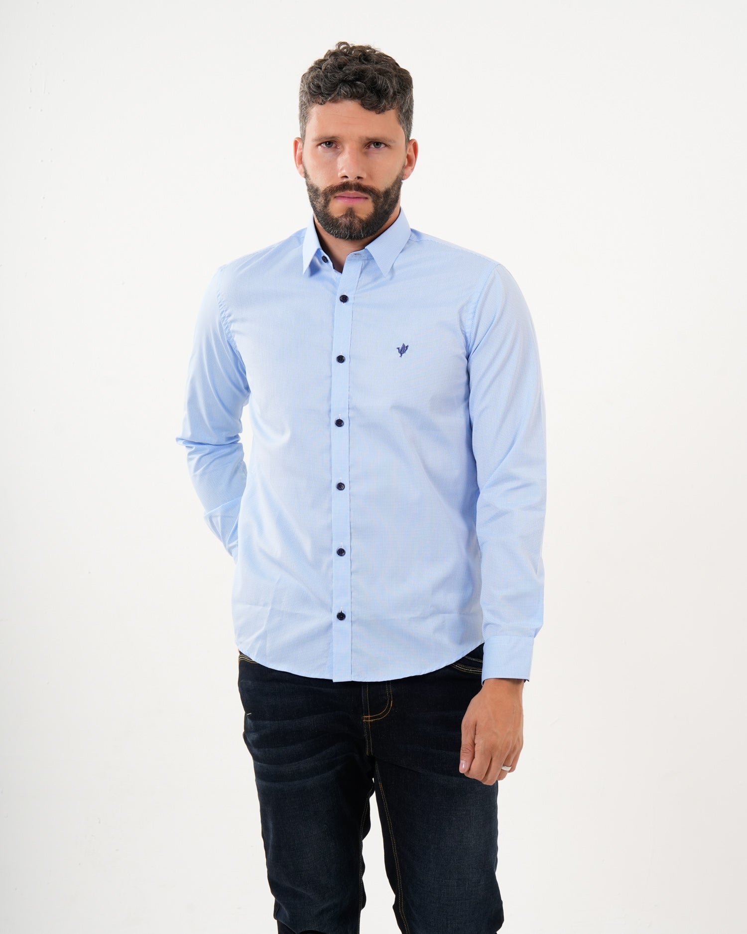Camisa Masculina Manga Larga | Algodón Premium Azul Claro Texturizado