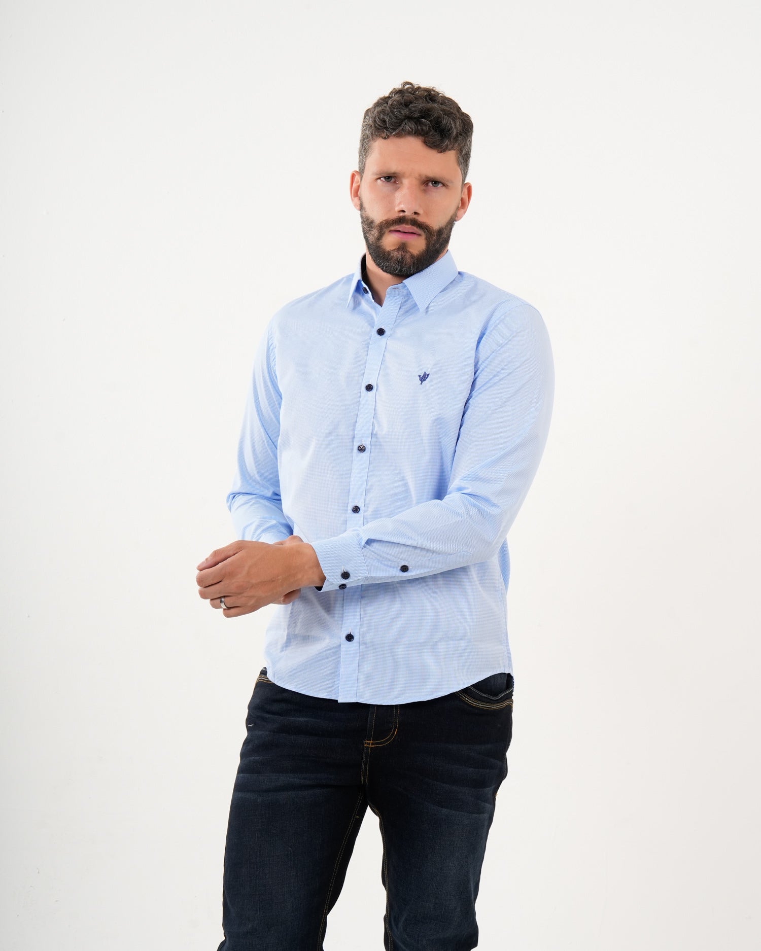 Camisa Masculina Manga Larga | Algodón Premium Azul Claro Texturizado