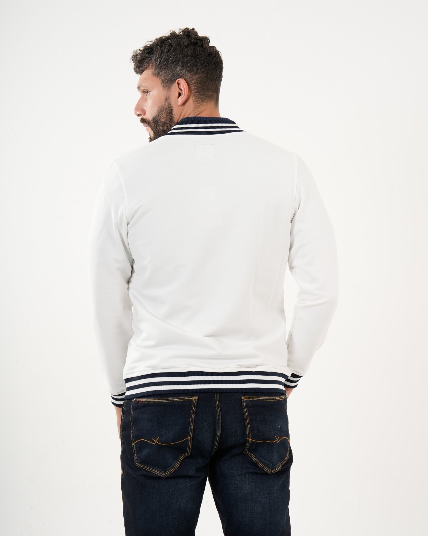 Chaqueta Masculina Deportiva | Algodón Premium Blanca con Ribete Marino
