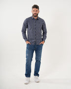 Camisa Masculina Manga Larga | Algodón Premium a Cuadros Azul Marino y Blanco