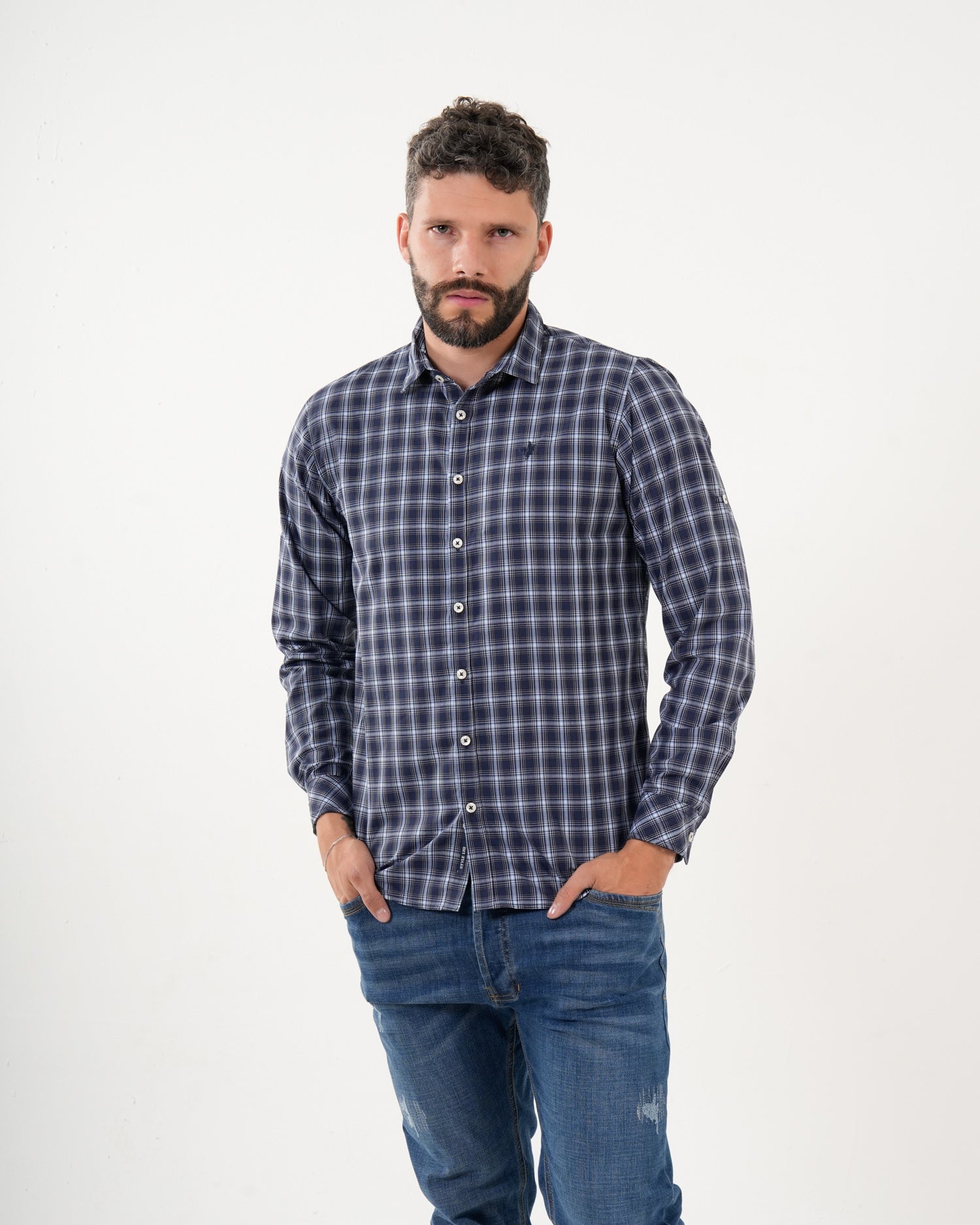 Camisa Masculina Manga Larga | Algodón Premium a Cuadros Azul Marino y Blanco