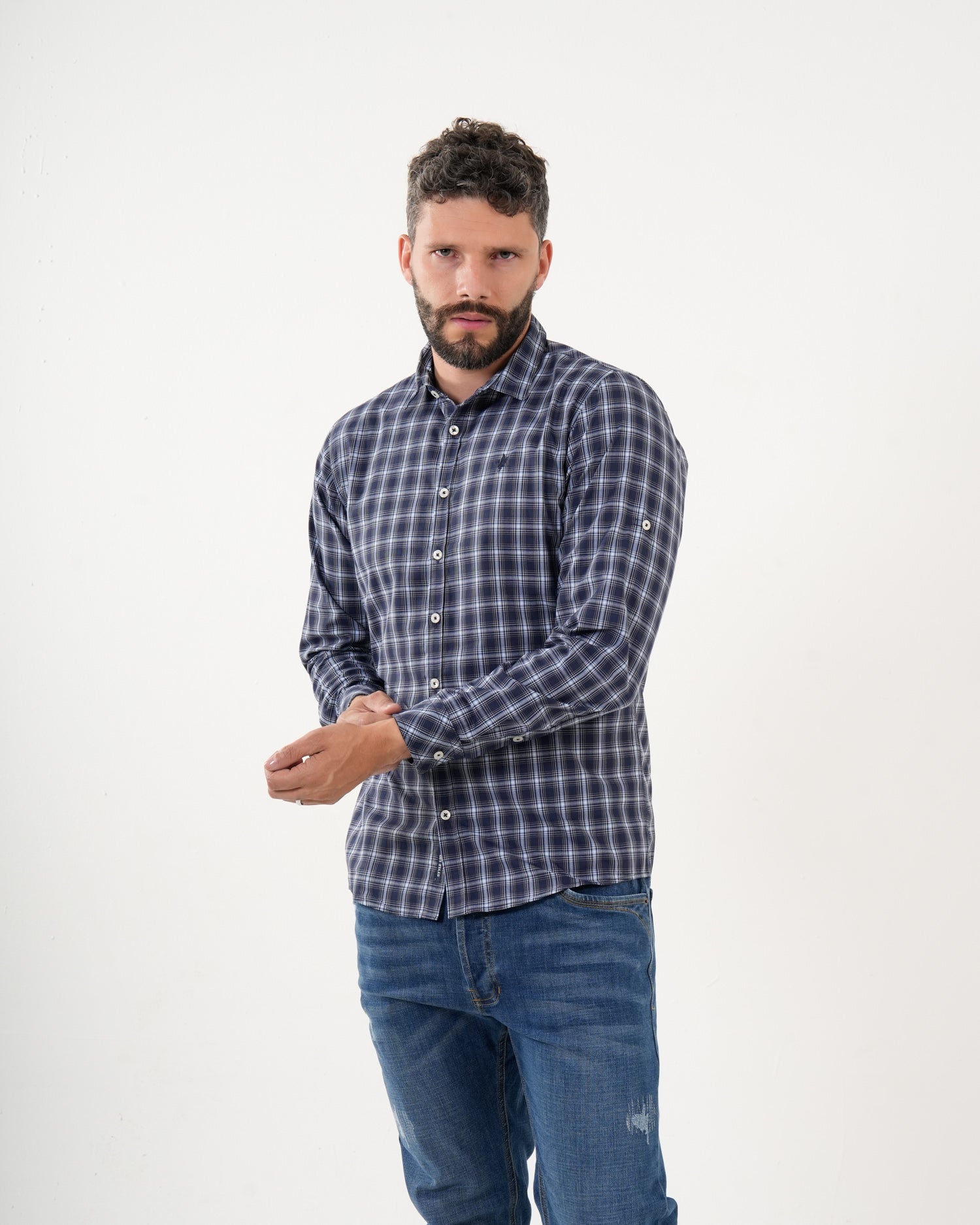 Camisa Masculina Manga Larga | Algodón Premium a Cuadros Azul Marino y Blanco
