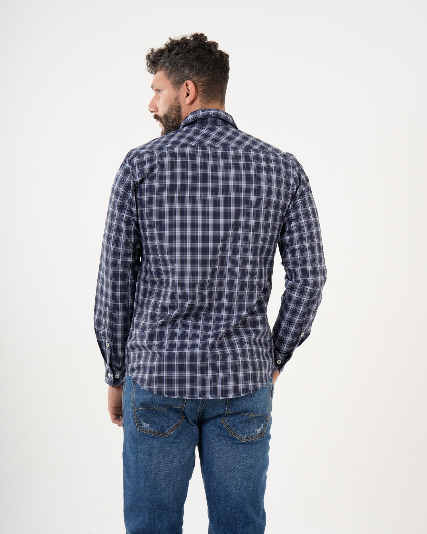 Camisa Masculina Manga Larga | Algodón Premium a Cuadros Azul Marino y Blanco