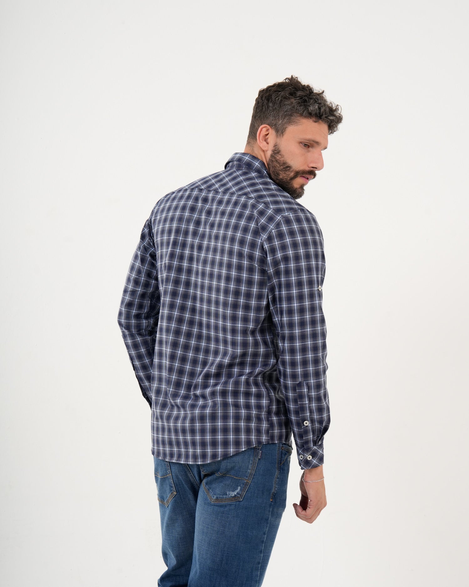 Camisa Masculina Manga Larga | Algodón Premium a Cuadros Azul Marino y Blanco