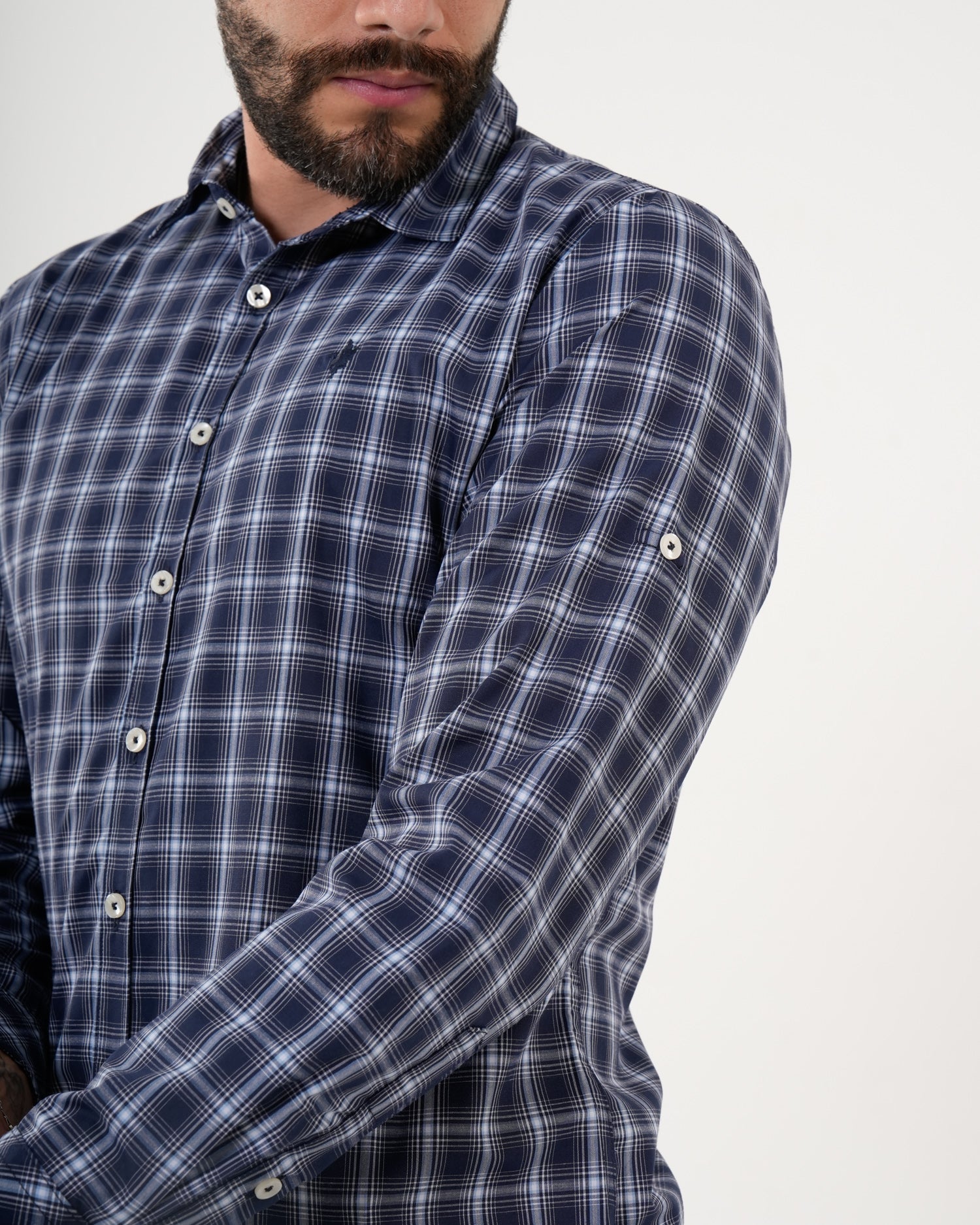 Camisa Masculina Manga Larga | Algodón Premium a Cuadros Azul Marino y Blanco