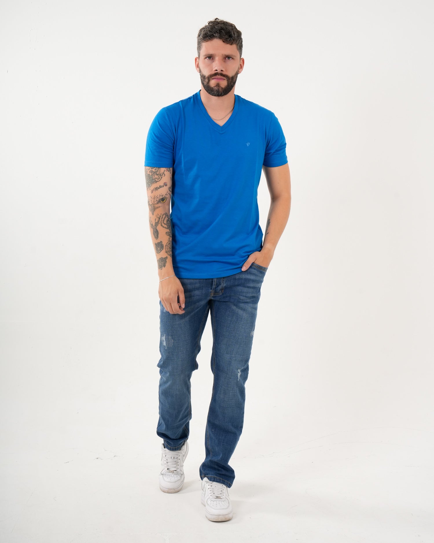 Camiseta Masculina Manga Corta | Algodón Premium Azul Royal Escote V